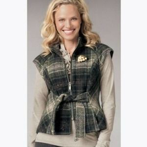 Cabi All Tied Up Plaid Wool Belted Mock Collar Vest  EUC Sz Medium